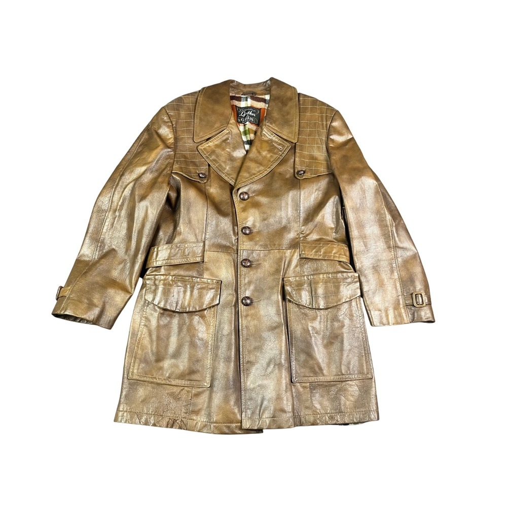 Vintage Grais Brown Leather Car Coat 70s Plaid Lined Jacket Mens 44 USA Made